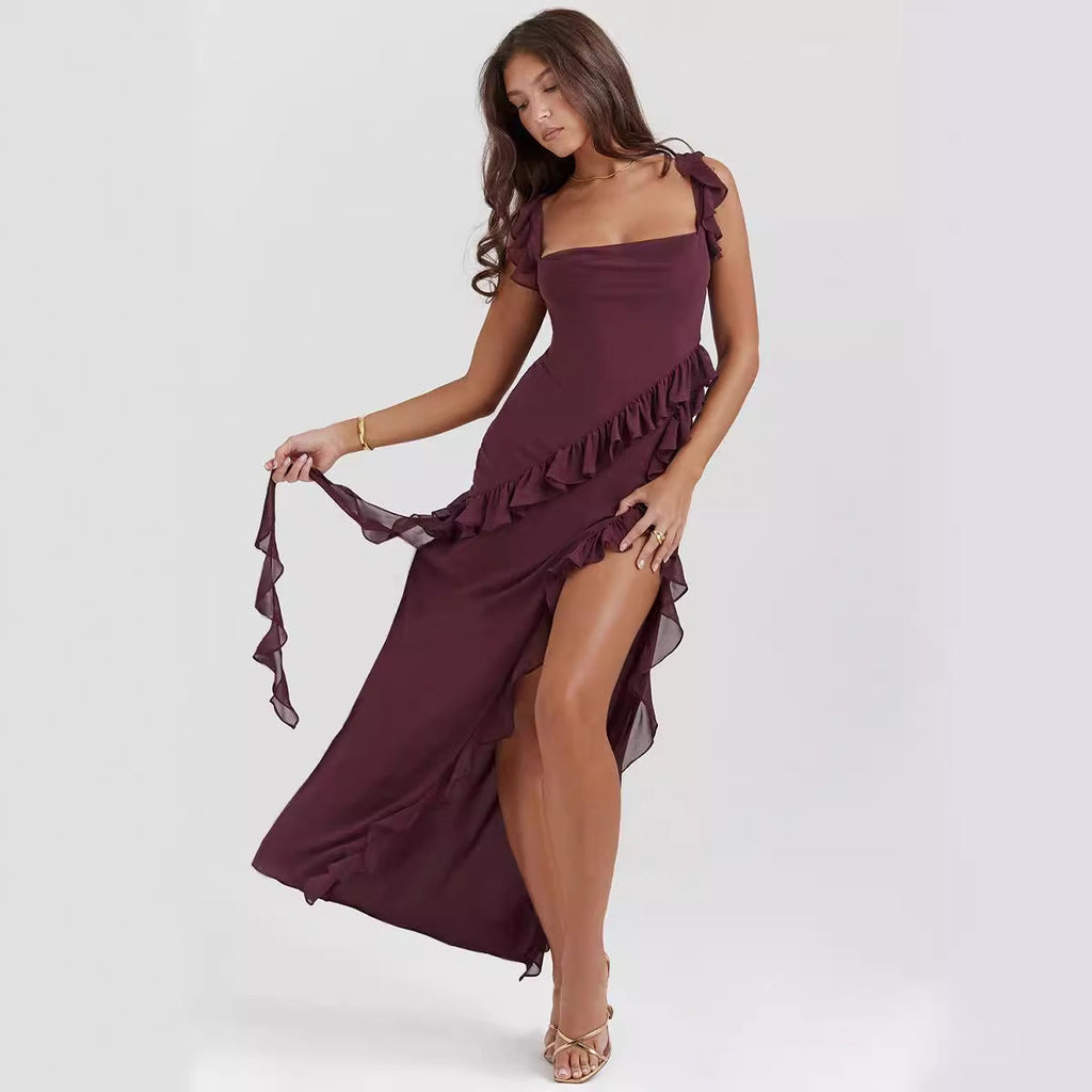 Summer French Strap Wooden Ear Sexy Split Printing Dress