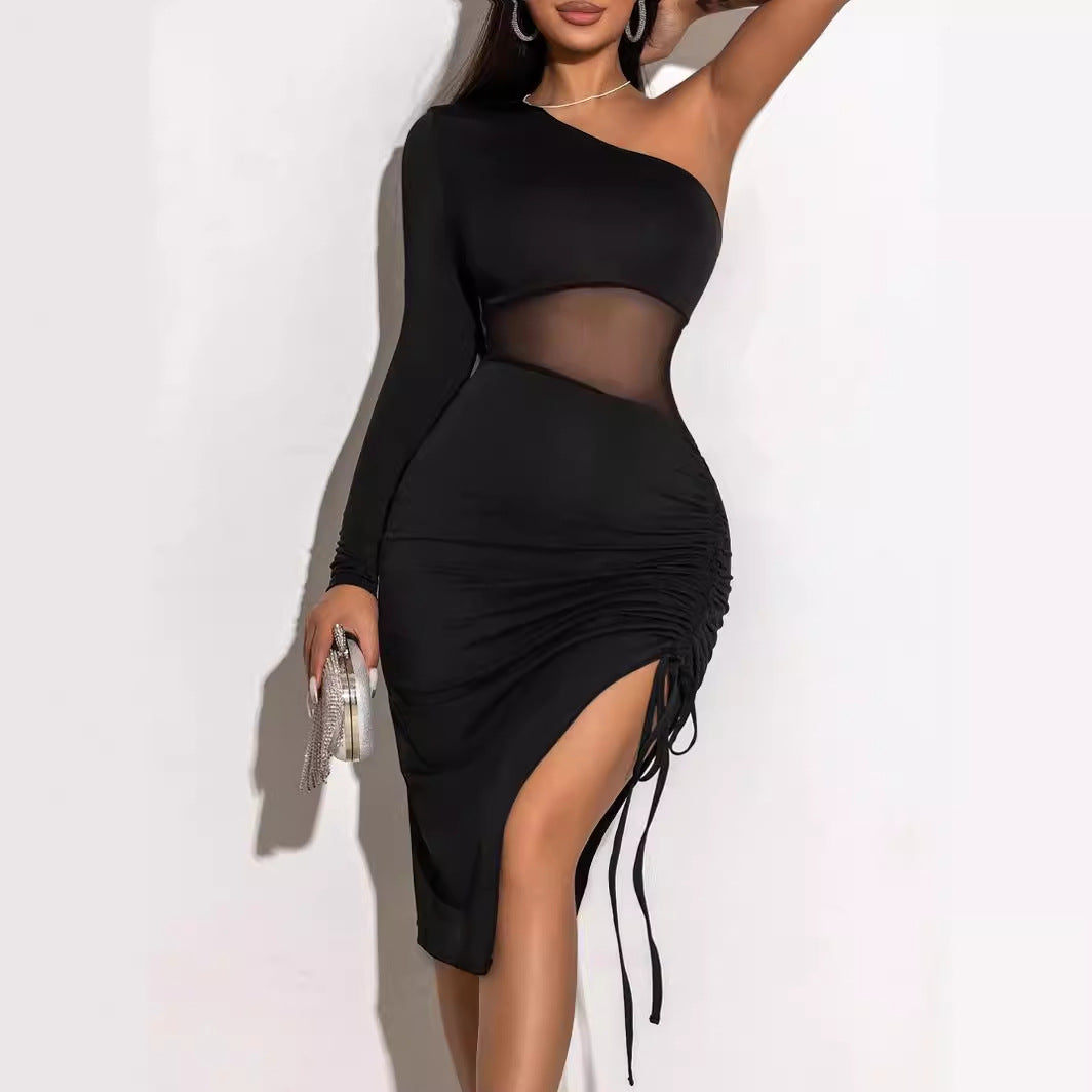 Summer Drawstring See Through Tight Dress Shoulder Long Sleeve Lace Mesh Body Shaping Dress
