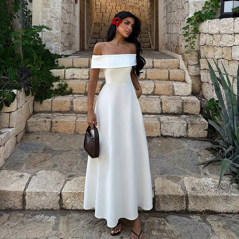 Autumn Sexy Slim off Shoulder Bandeau One Shoulder Solid Color Dress Women
