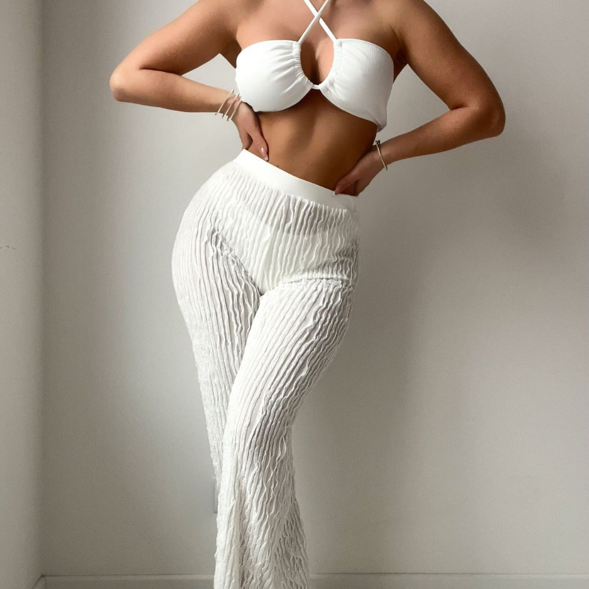 Solid Color Thread Fabric Halter Bikini Trousers Three Piece Set Sexy Swimsuit