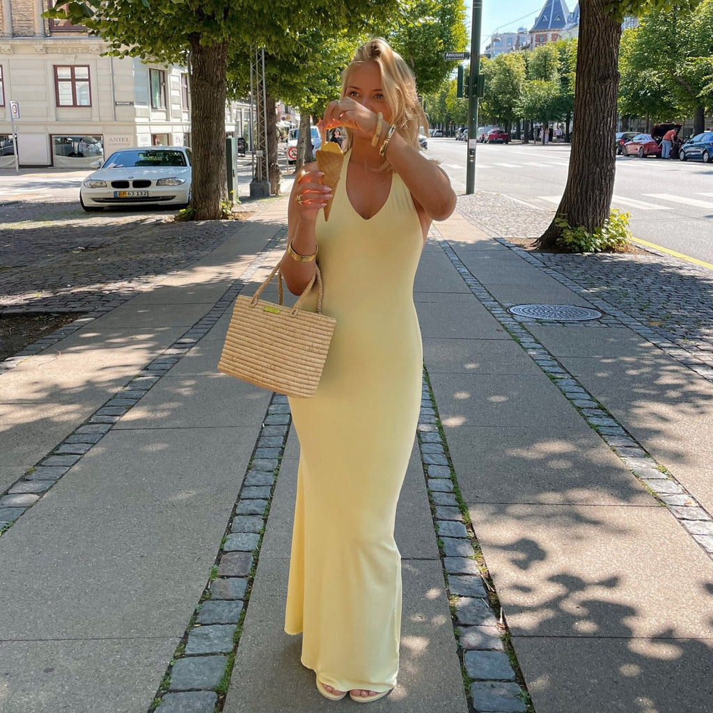 Women Clothing Summer Sexy V neck Halter Backless High Waist Slim Solid Color Dress