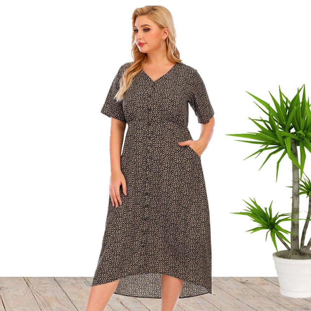 Plus Size Women Summer Short Sleeve Printed Button Pocket Dress