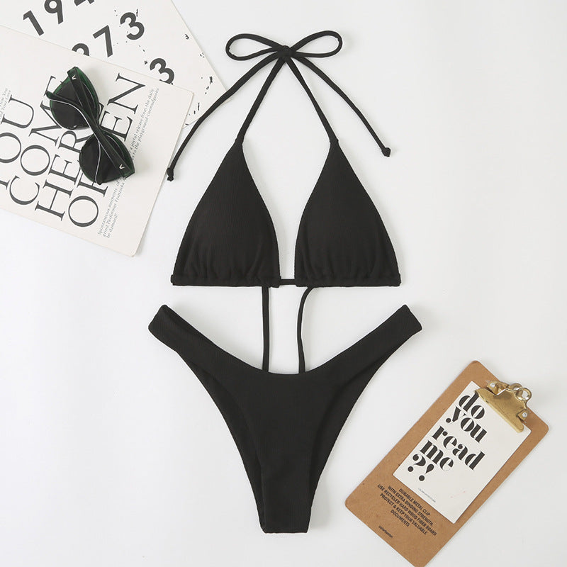 Women Split Sexy Double Sided Triangle Lace Up Bikini Beach Swimwear