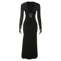 Women Clothing Autumn Solid Color Sexy Deep V Plunge neck Hollow Out Cutout Slim Long Sleeve Dress