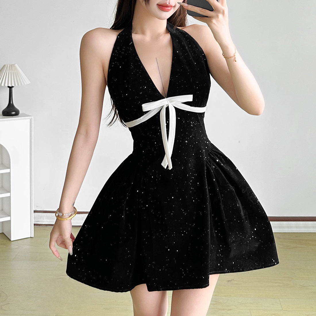 Autumn Winter Women Clothing Christmas Socialite Elegant Halter Backless V neck Bow Waist Dress