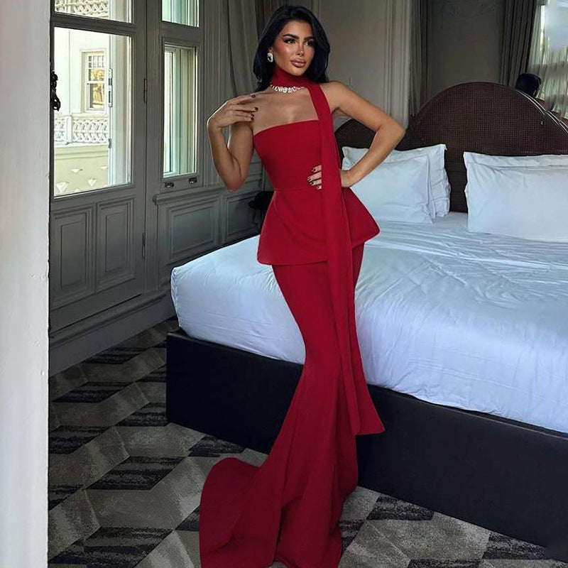 Autumn Winter Women Sexy Backless Solid Color Slim Ribbon Tube Top Dress