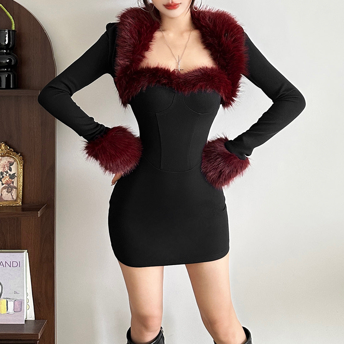 Autumn Winter Women Clothing Sexy Dignified Sense of Design Plush Stitching Long Sleeve Narrow Dress Set for Women