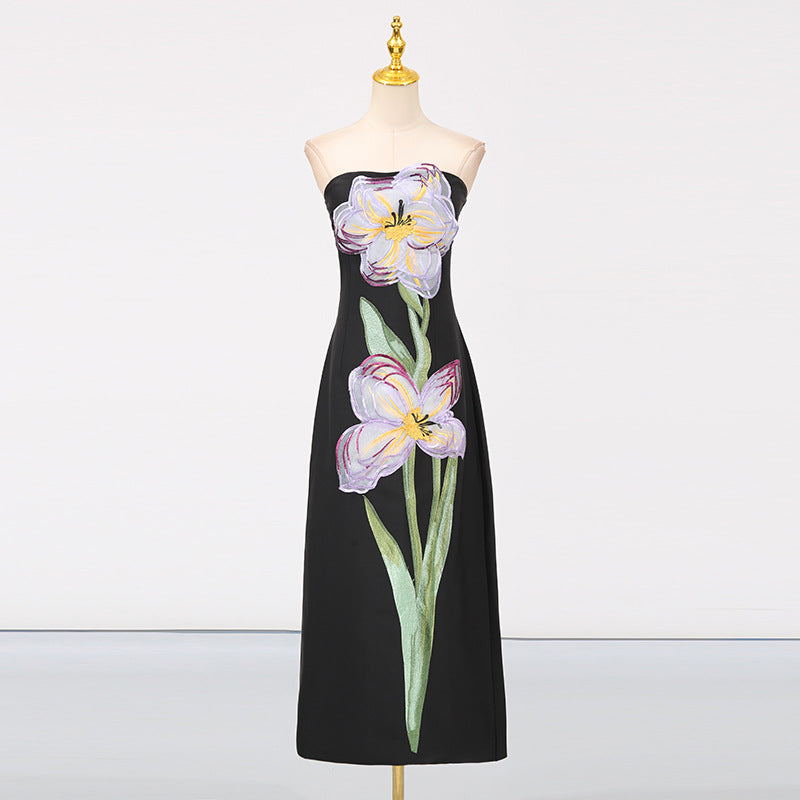 Socialite Design Maxi Dress Floral Embroidered Tube Top Sleeveless Slimming Dress Women