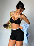 Color Block Seamless Tight Halter Back Beautifying Nylon Two Piece Yoga Sports Fitness Women