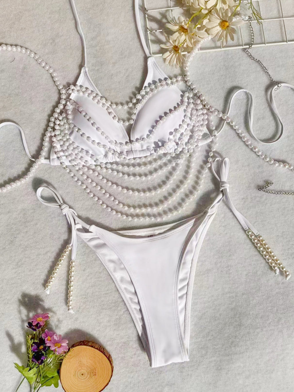 Pearl Chain Decorations Swimsuit Women Sexy Bikini Split Swimsuit