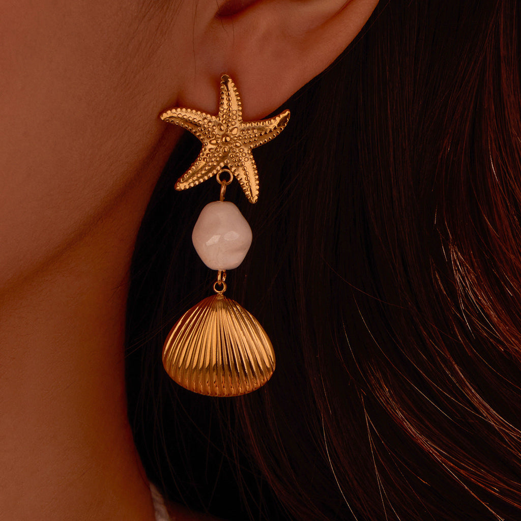 Starfish Embellished Earrings Metal Feeling Beach Earrings Niche Stainless Steel Earrings Women