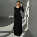 Women Autumn French U Shaped Collar Solid Color Long Sleeve Tied Waist Slimming Dress