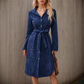 Autumn Winter Long Sleeves Corduroy Dress Front Cardigan Belt Irregular Asymmetric Shirt Dress