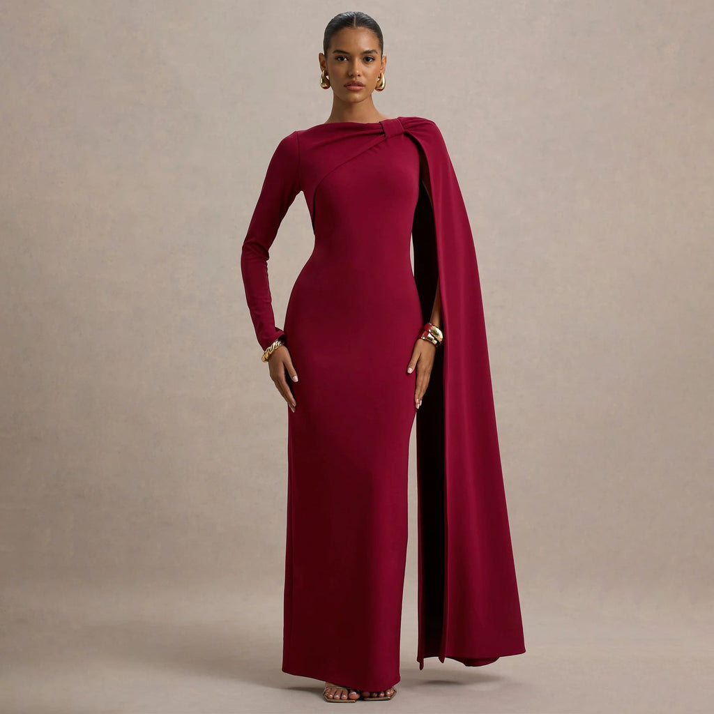 Women Wear One Shoulder Ribbon Evening Dress Long Sleeve Sexy Sheath Dress