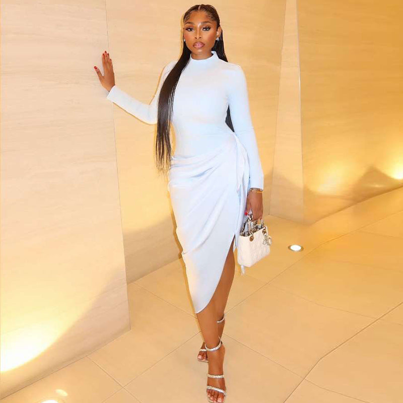 Solid Color Elegant Women Pleated Trendy Hip Dress Tight Waist round Neck Long Sleeve Asymmetric Dress