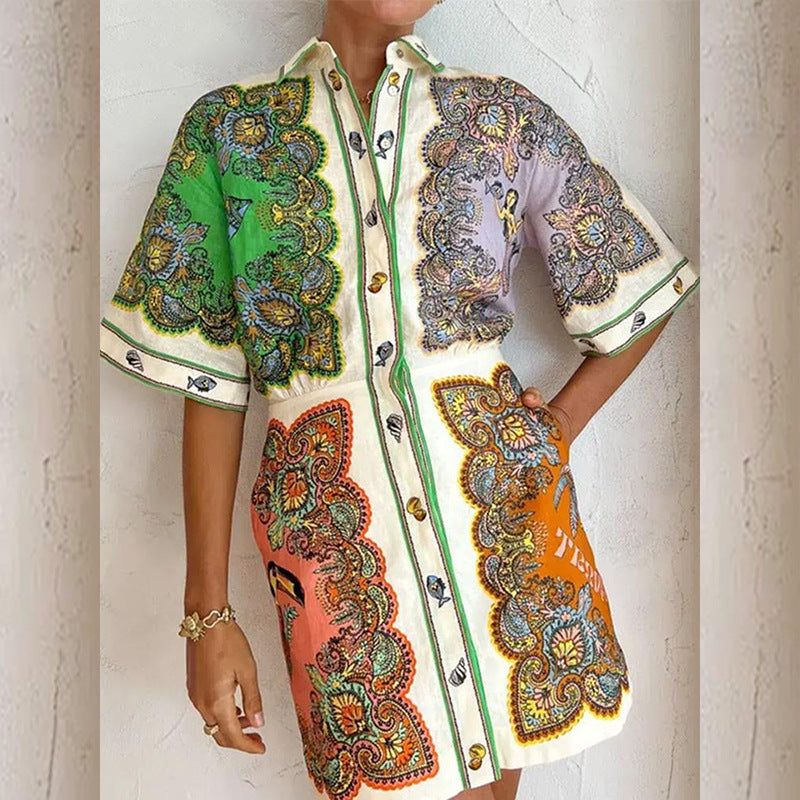 Summer Women Clothing Collared Single Breasted Long Sleeve Printed Dress
