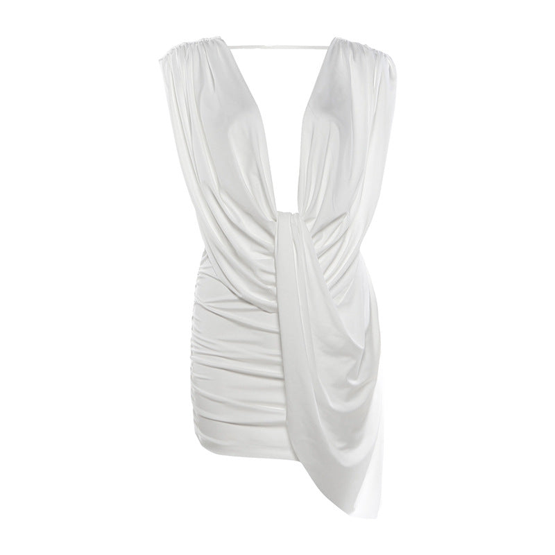 Autumn Winter Women Sexy Deep V Plunge Ruffle Hip Short Solid Color Dress