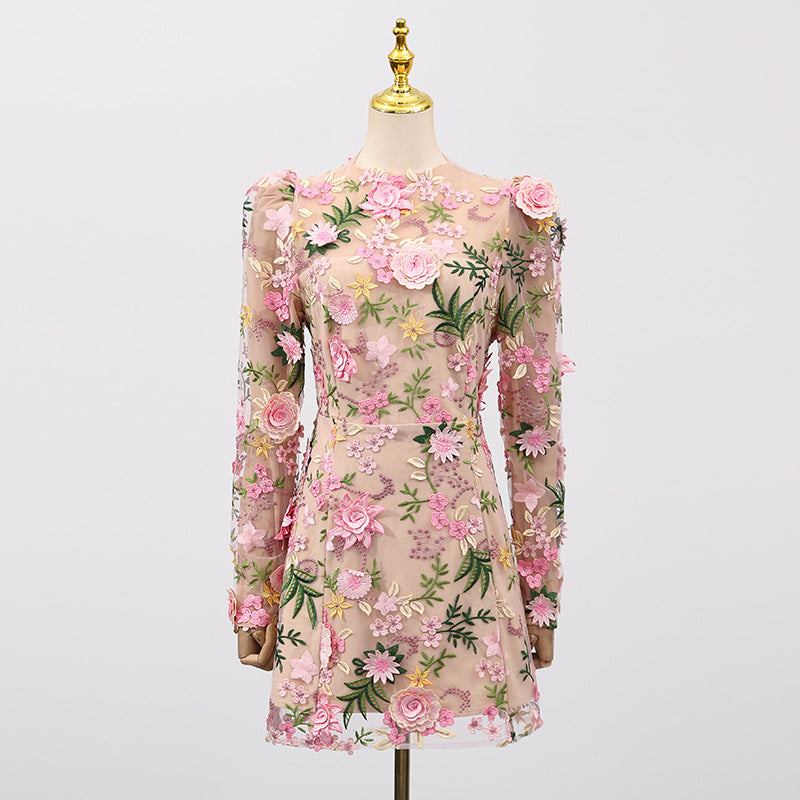 Heavy Industry Three Dimensional Floral Embroidered Slim Long Sleeve Short Dress Women