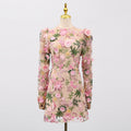 Heavy Industry Three Dimensional Floral Embroidered Slim Long Sleeve Short Dress Women