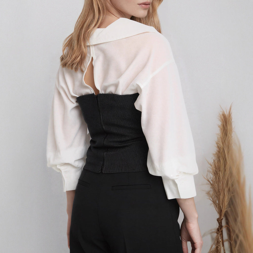 White V neck Waist Three Quarter Sleeve Shirt Women French Elegant Niche Slimming Top