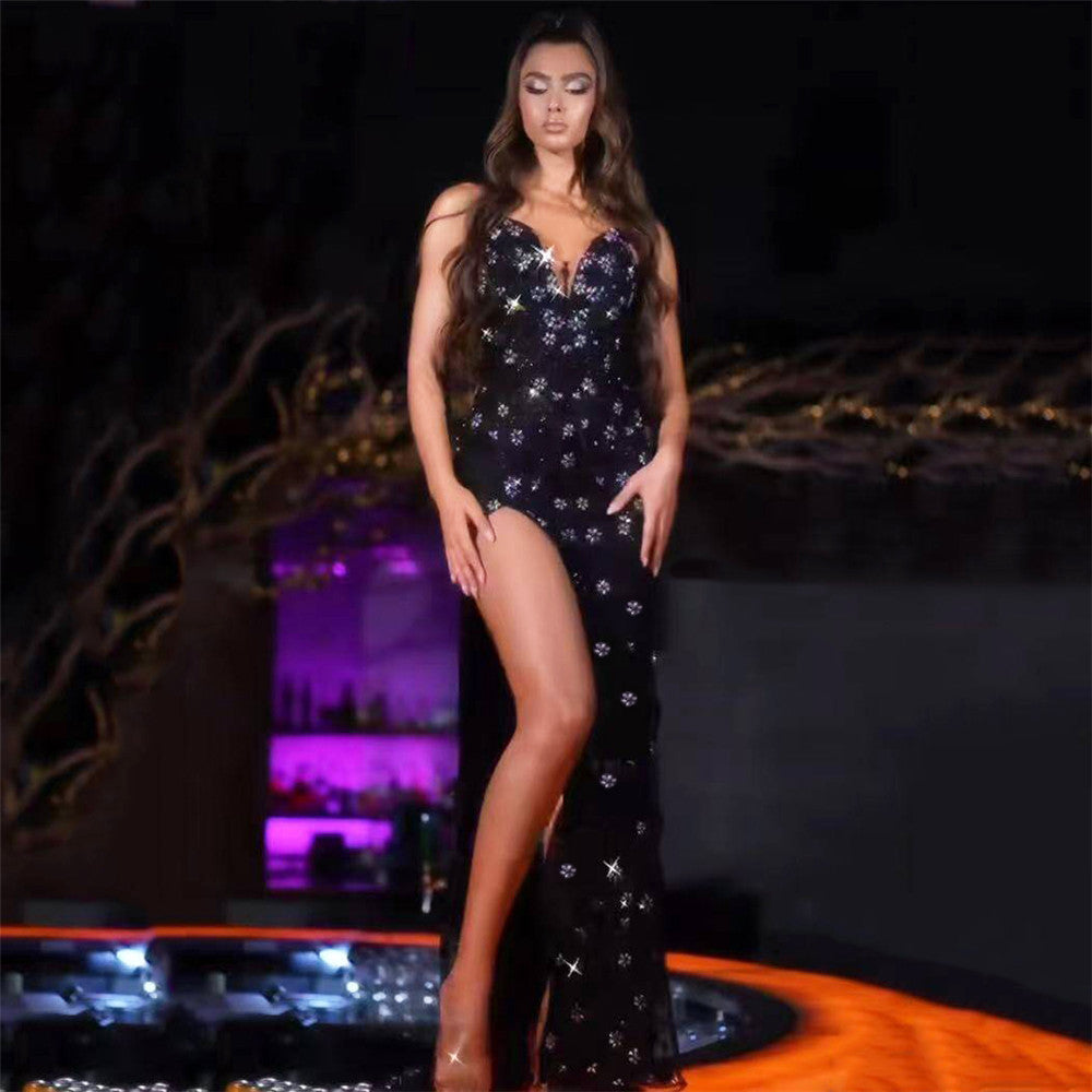 Rhinestone Tube Top Bandage One Piece Dress Sexy High Split Waist Slimming Long Evening Dress