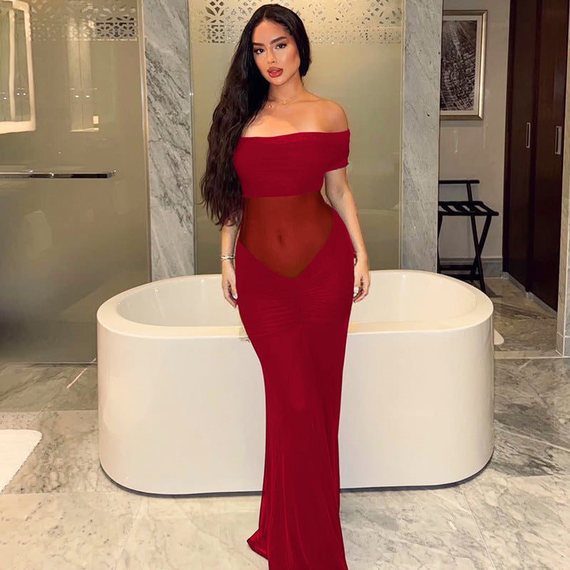 Mesh Stitching Maxi Dress Summer Sexy off Shoulder Pleated Slim Dress