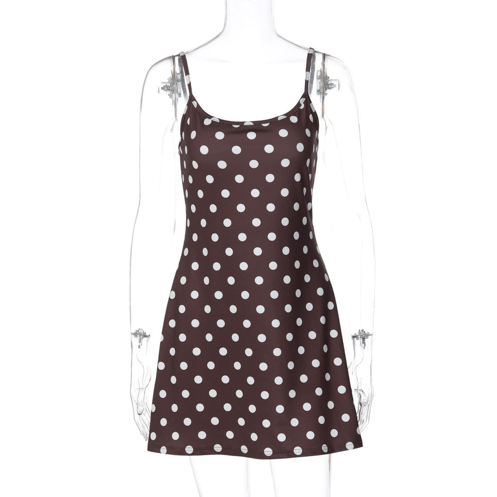 French Women Clothing Winter Printed Polka Dot Slim Fit Slimming Sheath Strap Dress for Women