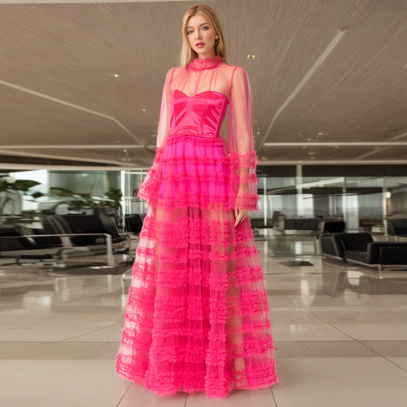 Dress Spring Mercerized Sheer Mesh Sexy Figure Flattering Tiered Dress Women