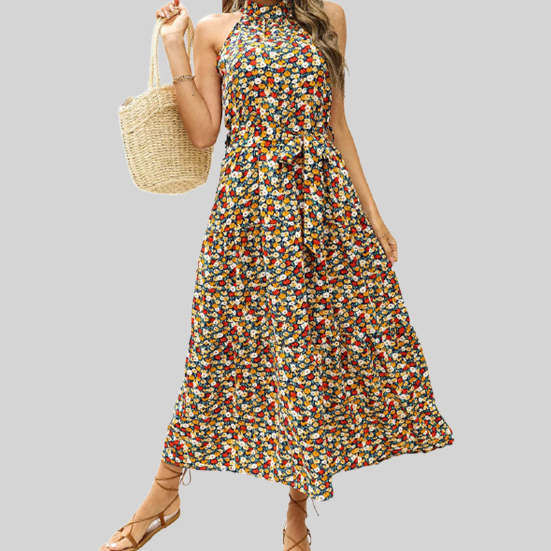 Dress Printed Halter High Waist Slim Beach Dress Women