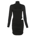 Autumn Winter Women Clothing Solid Color Sexy Tight Turtleneck Hip Bag Hollow Out Cutout Dress Women