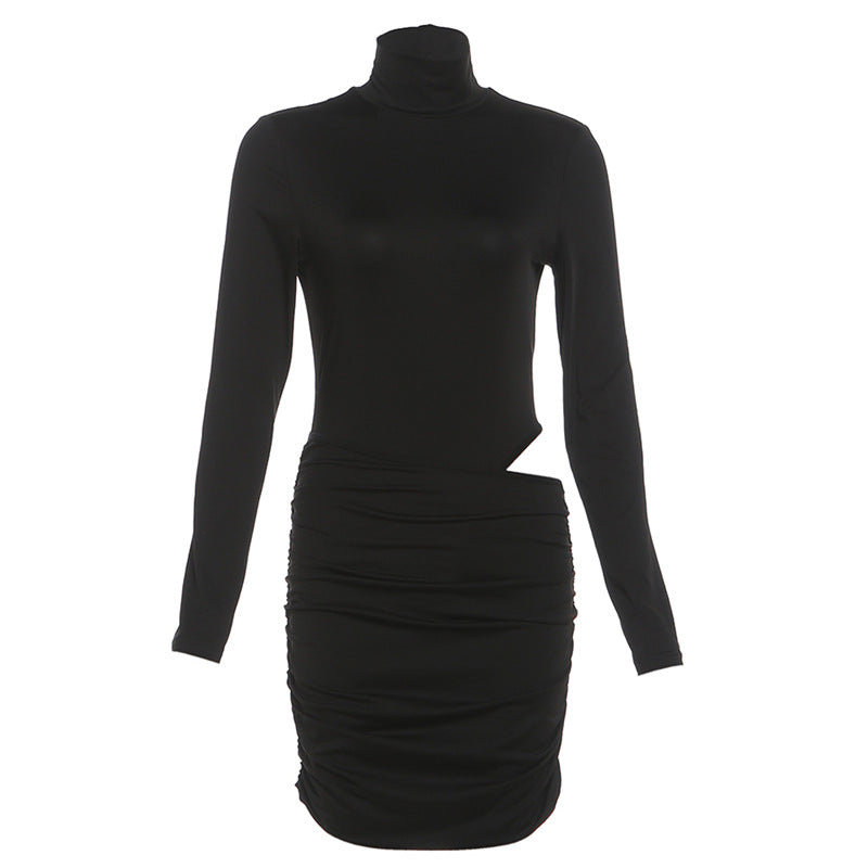 Autumn Winter Women Clothing Solid Color Sexy Tight Turtleneck Hip Bag Hollow Out Cutout Dress Women