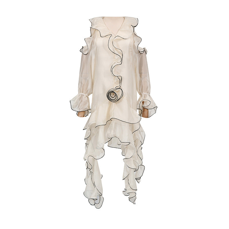 Vacation Socialite Light Luxury Trim Slim White Dress Autumn Ruffled Long Sleeve off Shoulder Dress