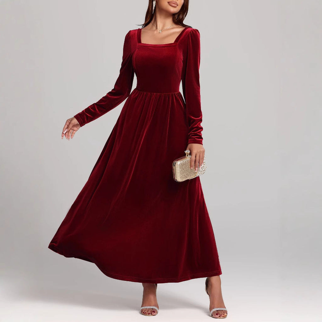Autumn Winter Red Evening Maxi Dress Pleuche Dress