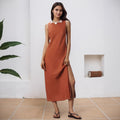 Early Autumn Sleeveless Split Neckline Exquisite Floral Pearl Women Dress