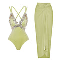 Swimsuit Green Thin Glittering Fabric Applique High Sense Swimsuit Women