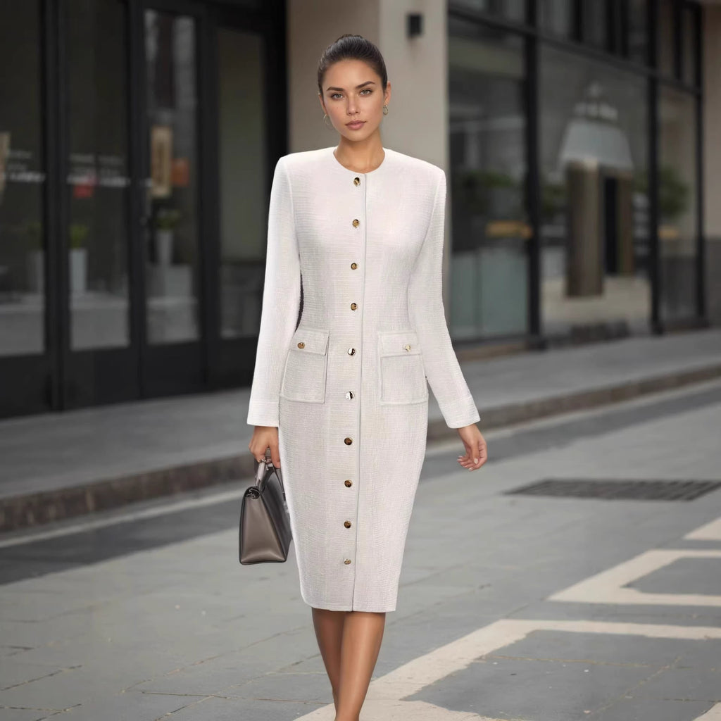 Elegant White Tweed Long Sleeved Dress Two Side Pocket Slim Knitted Dress