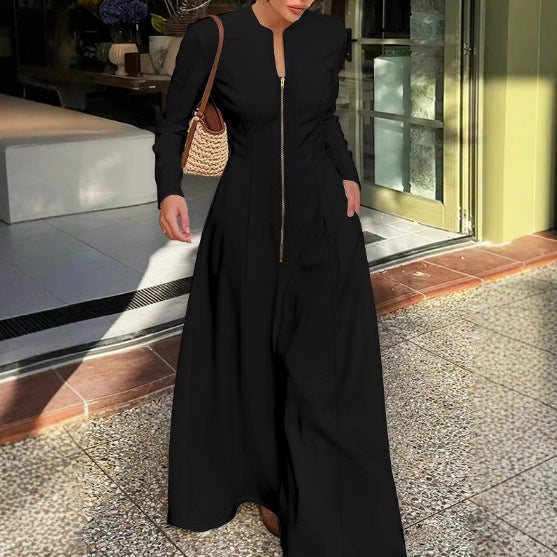 Women Clothing A line Dress round Neck Long Sleeve Zipper Pocket Maxi Dress Simple Elegant