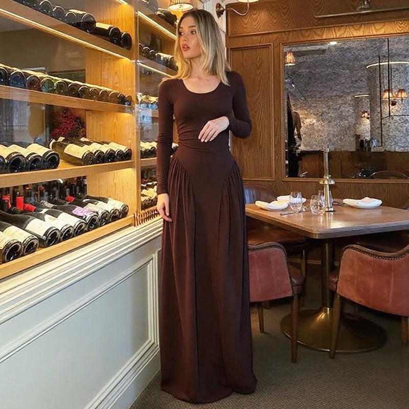 Women Autumn French U Shaped Collar Solid Color Long Sleeve Tied Waist Slimming Dress