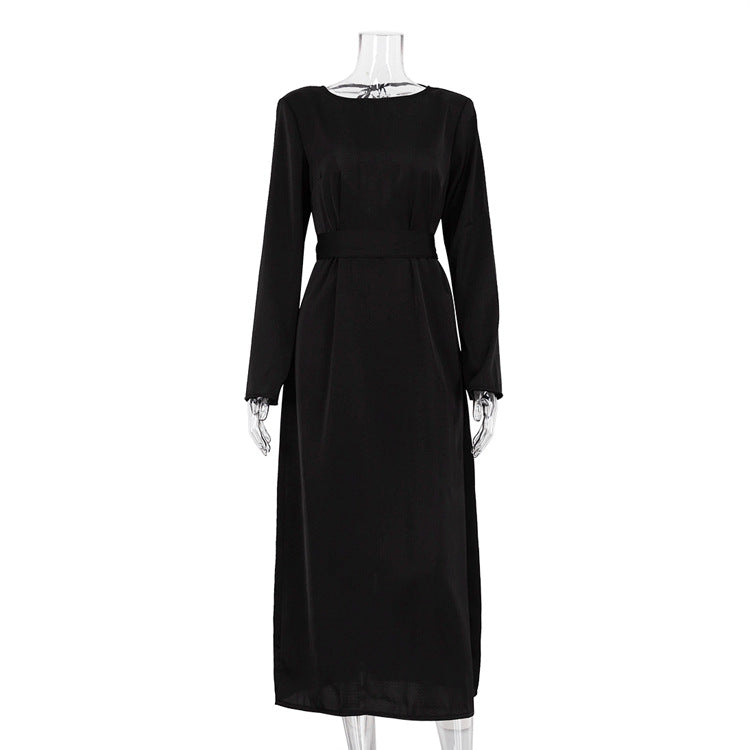 Women Clothing Autumn Lace up Backless Dress High Sense Show Thin Black Maxi Dress