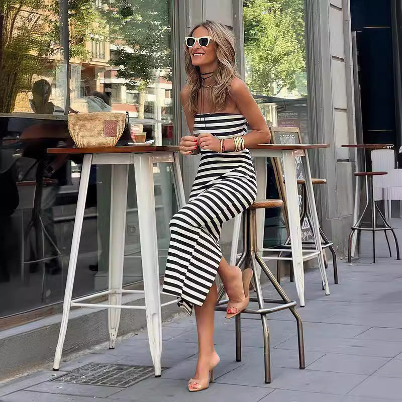 Striped Dress Summer Striped Wrapped Chest Split Sheath Dress
