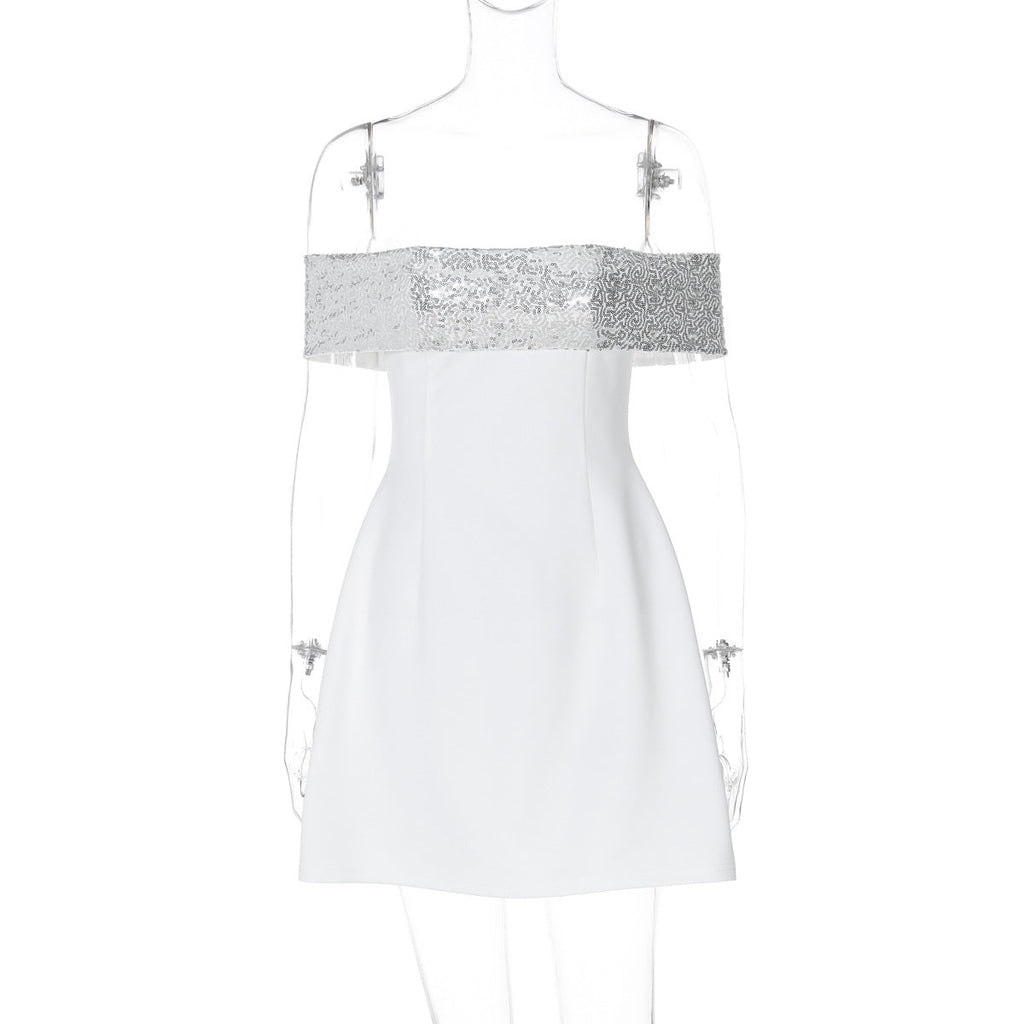 Women Clothing Winter Fashionable Elegant Sexy Slim Fitting Patchwork off the Shoulder Gown Dress