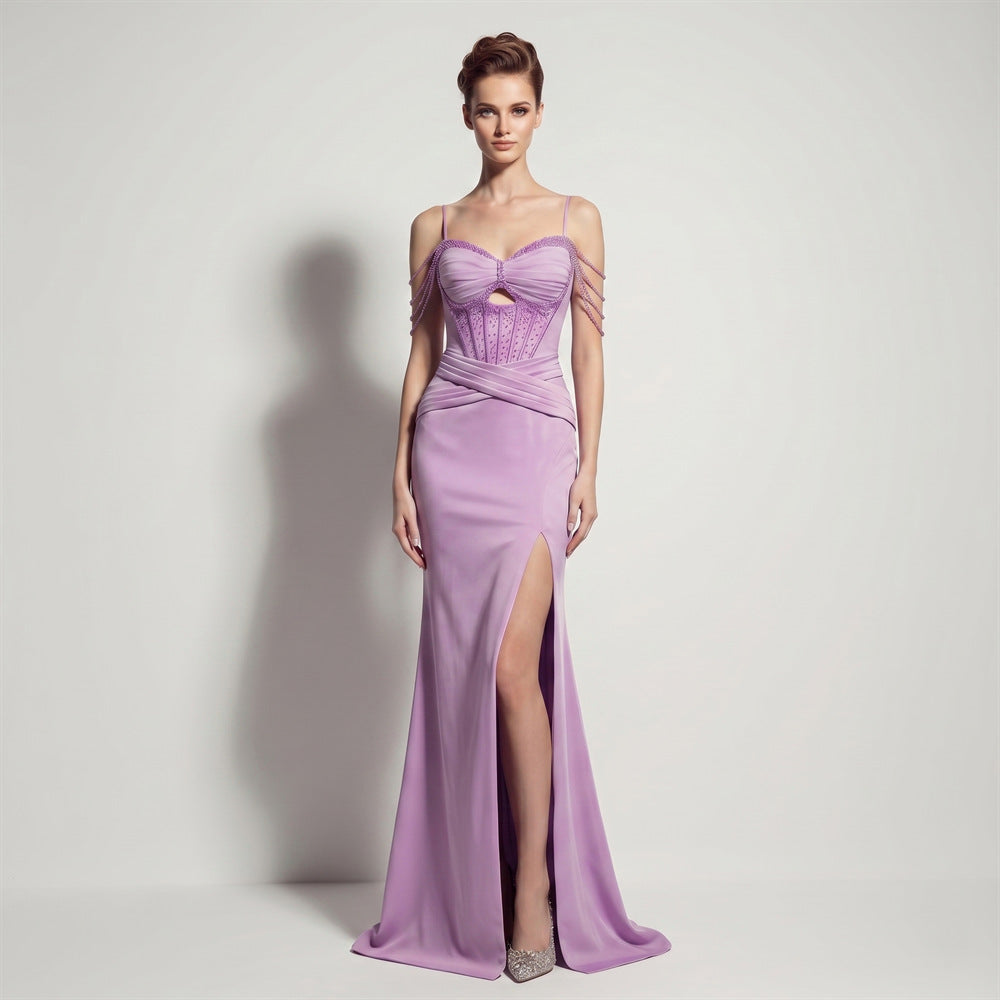 Sling Satin High Slit Boning Corset Strap Fishtail Long Annual Party Evening Dress