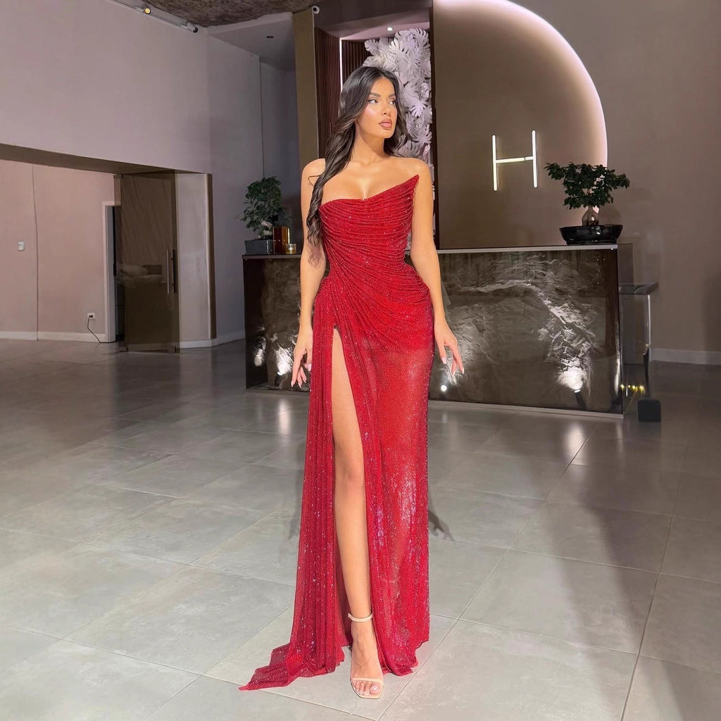 Spring Autumn Sequined Shoulder Split Dress Party Women Stretch Dress