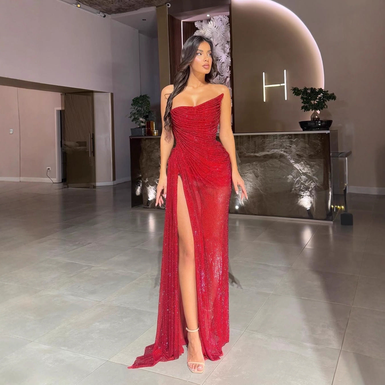 Spring Autumn Sequined Shoulder Split Dress Party Women Stretch Dress
