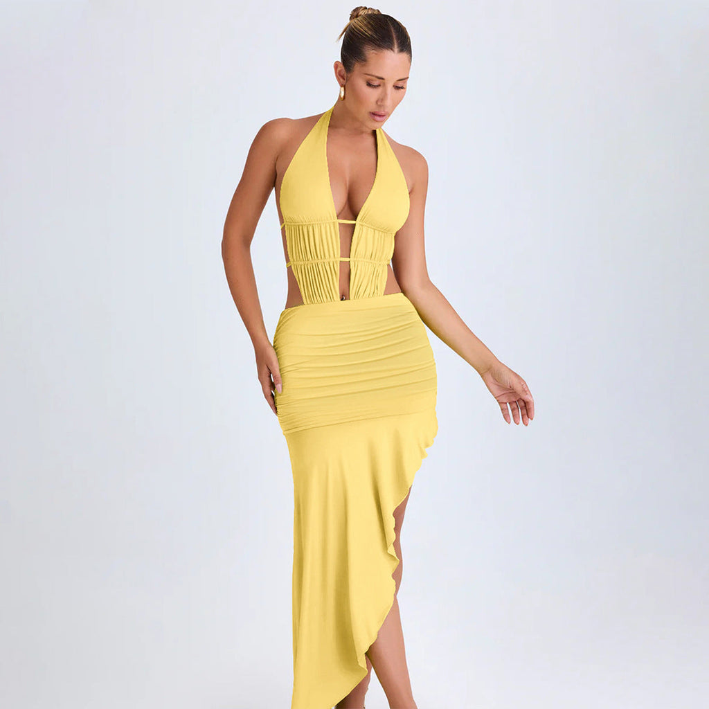 Irregular Asymmetric Women Pleated Tied Dress Autumn Winter Sexy Backless Hollow Out Cutout Hip Dress