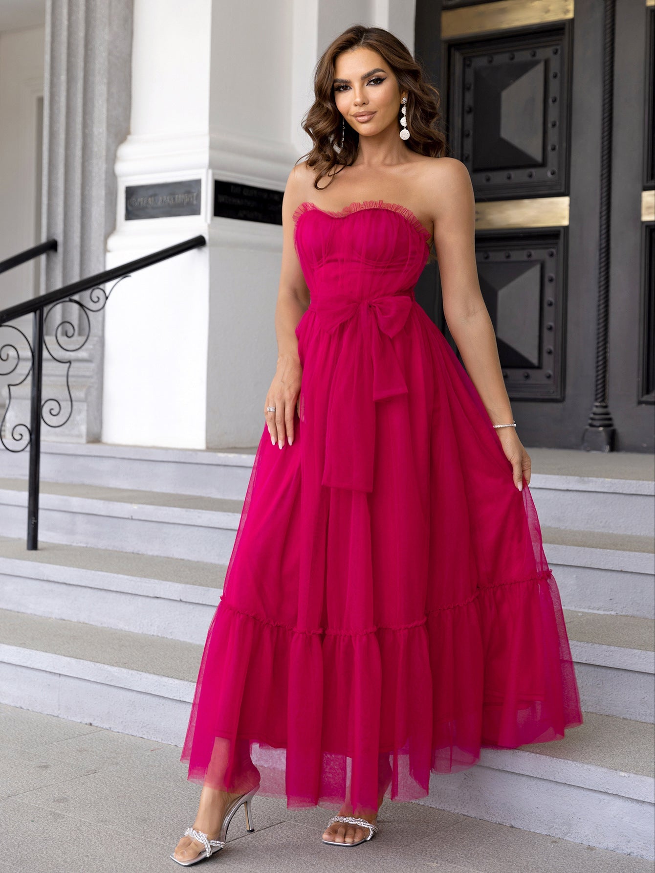 Summer Sexy Mesh Dress Lace up Dress Ruffled Tied Mesh Straight