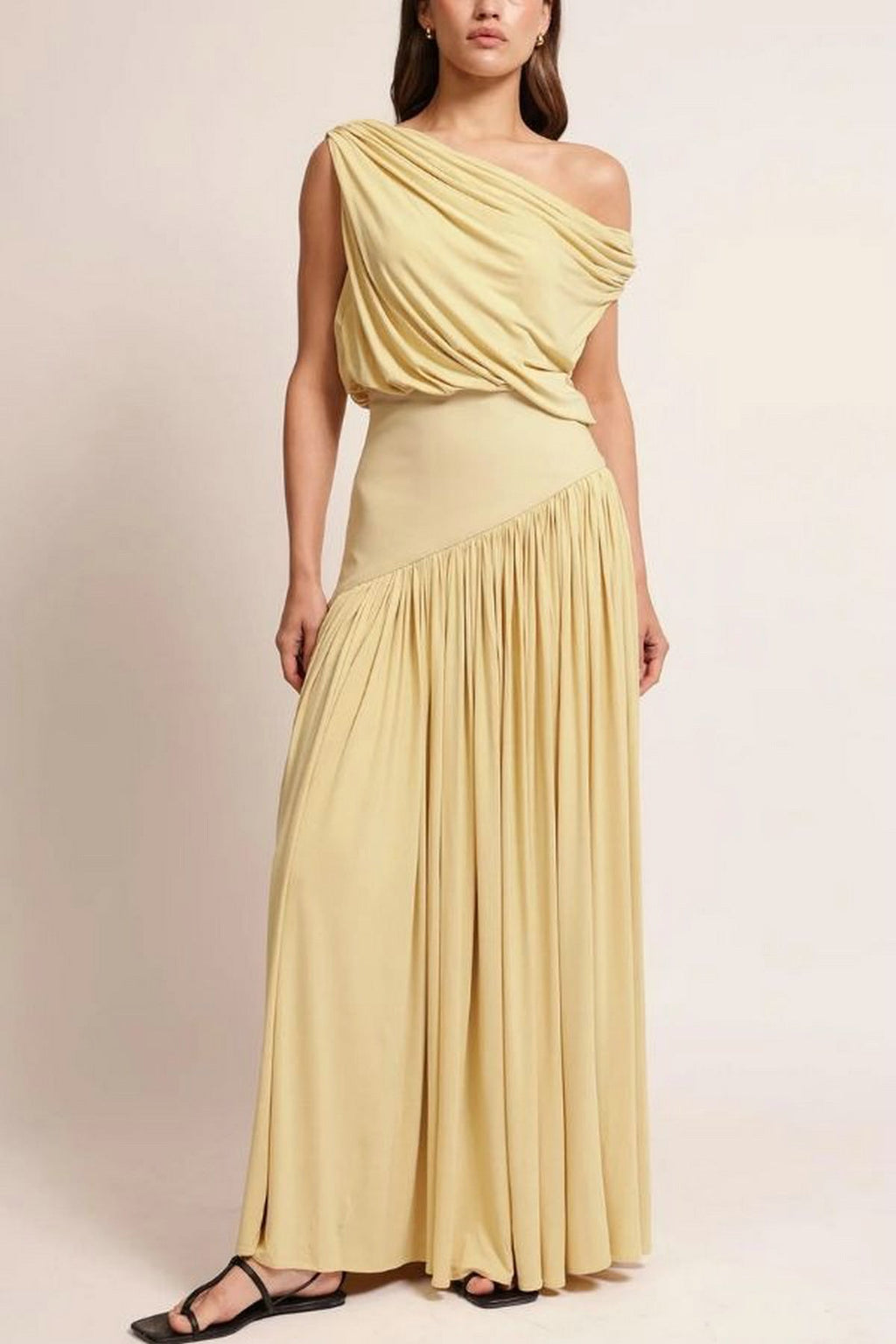 Women Elegant One Shoulder Cold Shoulder Waist Long Solid Color Dress