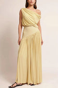 Women Elegant One Shoulder Cold Shoulder Waist Long Solid Color Dress