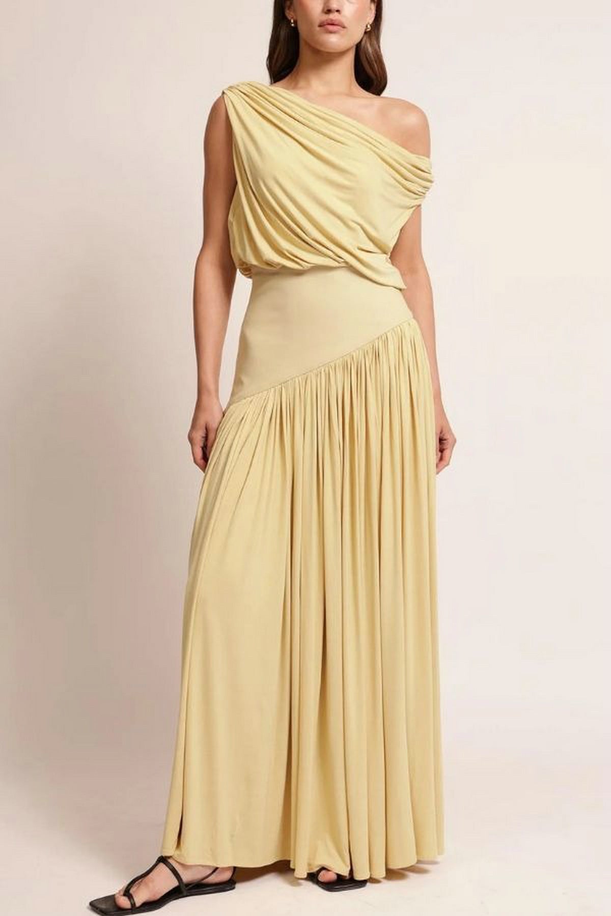 Women Elegant One Shoulder Cold Shoulder Waist Long Solid Color Dress