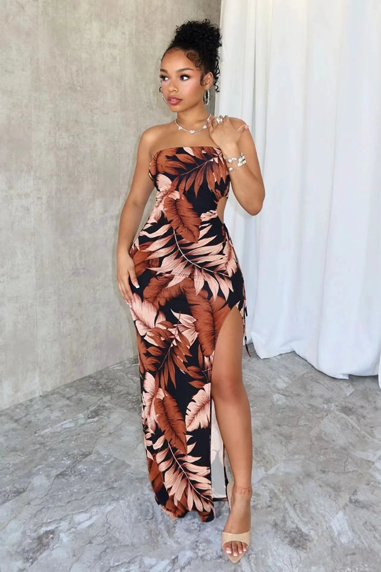 Strapless Flower Print High Slit Long Dress